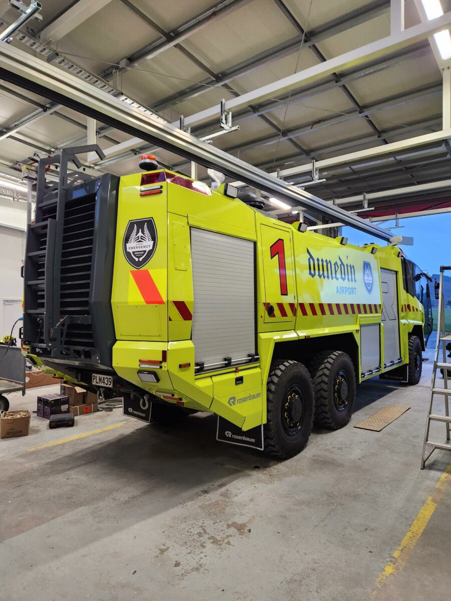 Dunedin airport fire truck with Atsource emergency vehicle exhaust extraction system