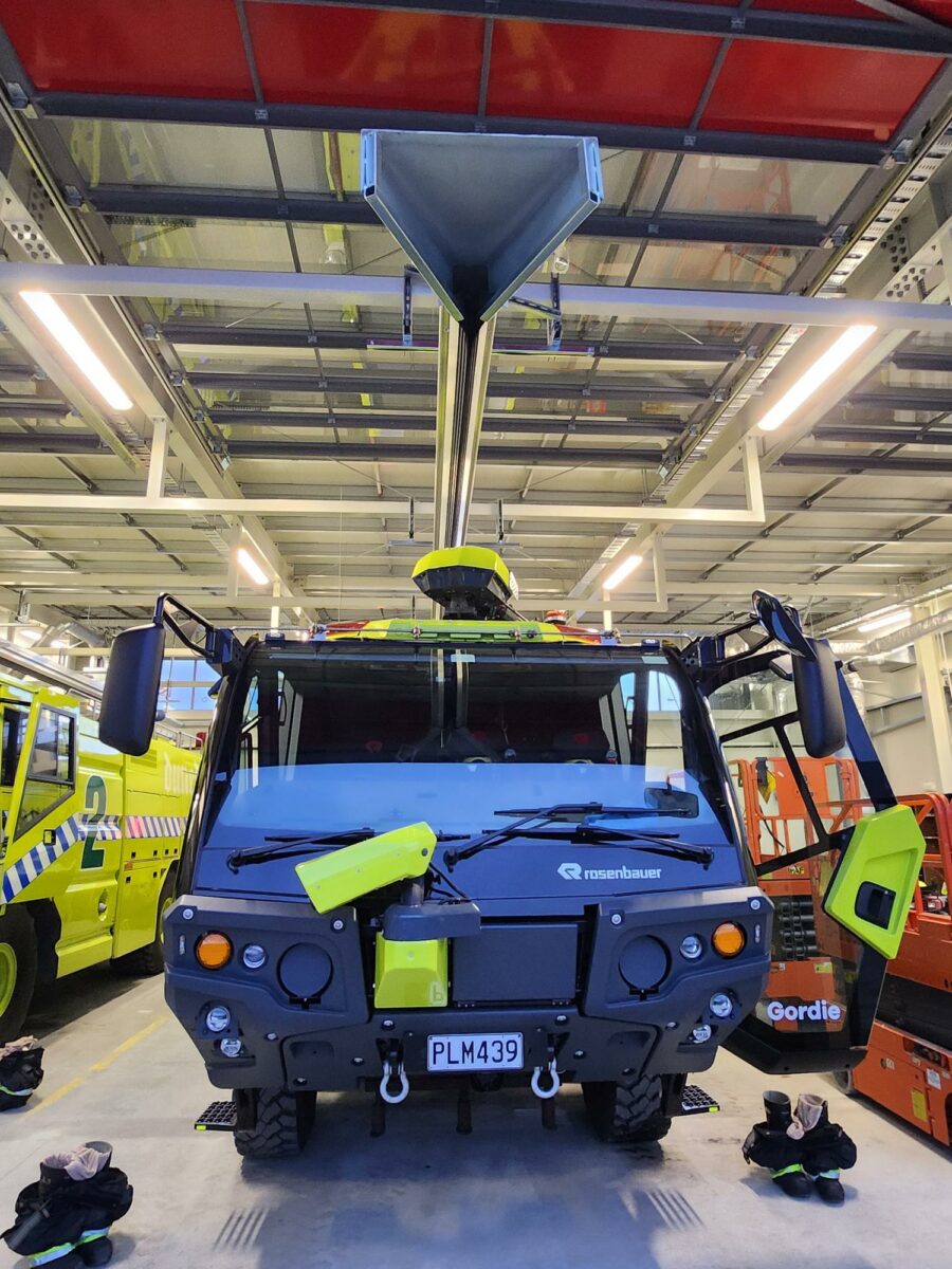 Dunedin airport fire truck with Atsource emergency vehicle exhaust extraction system